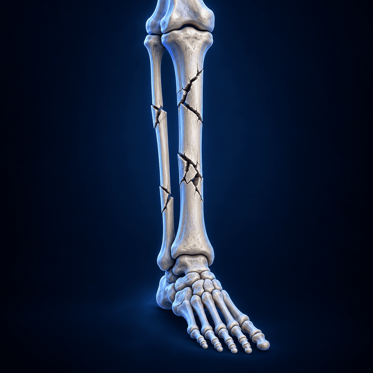 Educational illustration of multiple lower-leg fractures